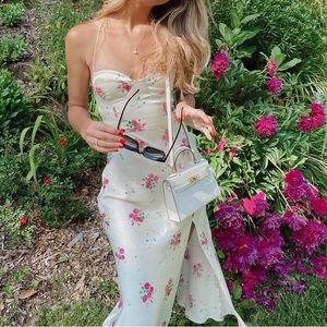 Satin Floral Midi Slit Dress